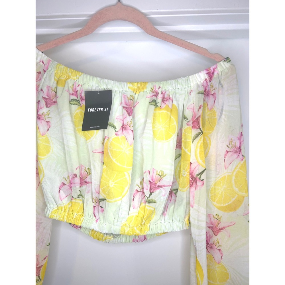NEW Forever 21 Women Lemon Floral Off Shoulder Crop Top Small Cottage Romantic‎
